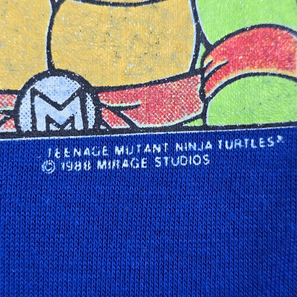 Vintage 1988 Wormser TMNT Pizzeria Pajama Shirt Kids M 12-14 Blue Teenage Mutant